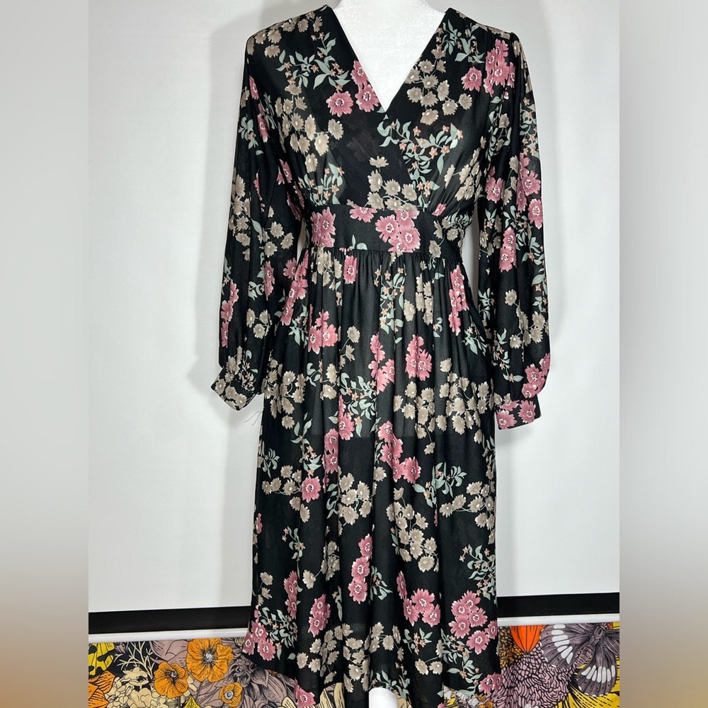 Vintage 80s Inroads of Dallas Semi-sheer Floral Tie-back Dress